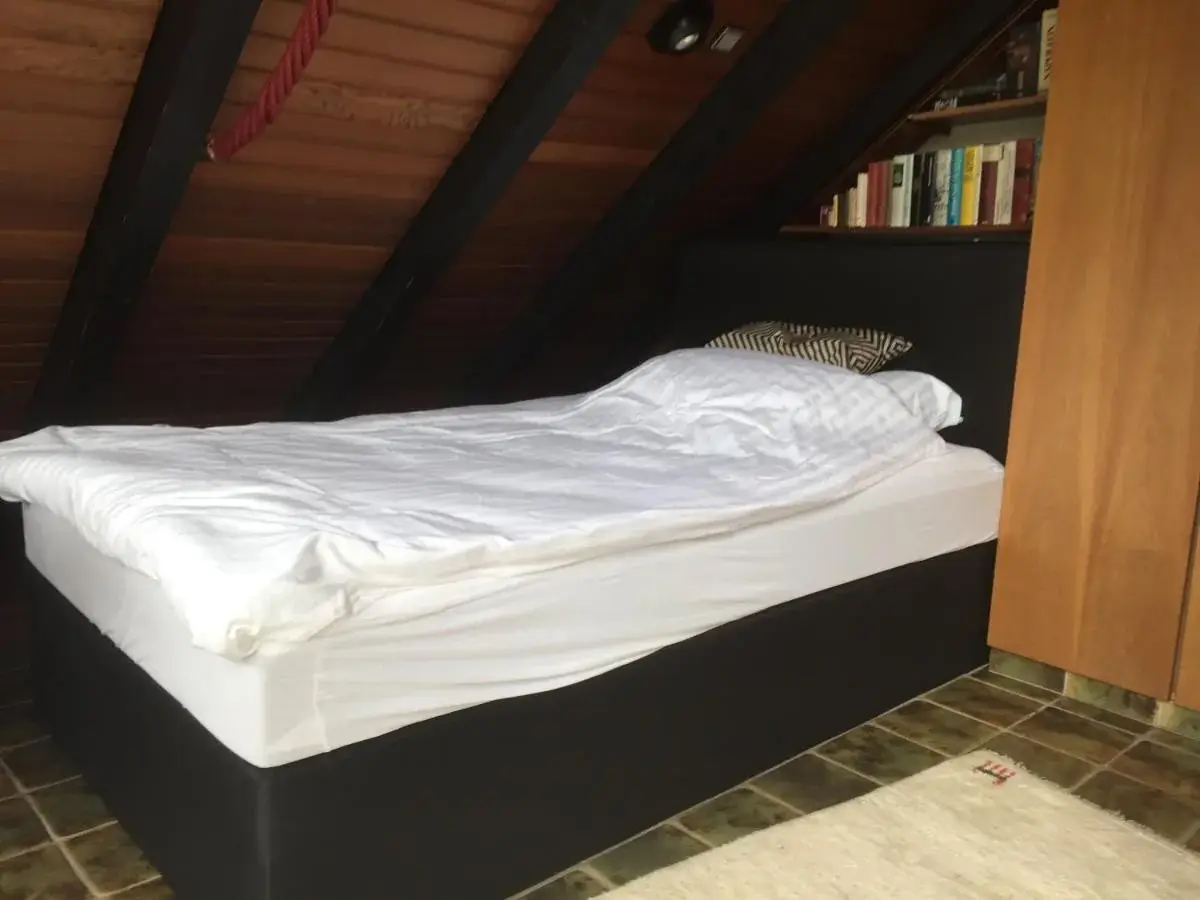 Einzelzimmer der Pension Düsseldorf mit Einzelbett und Bücherregal