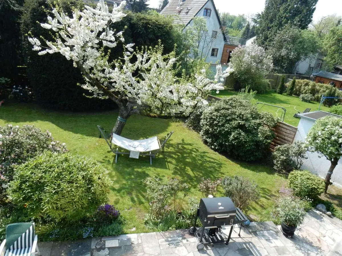 Garten der Pension Düsseldorf mit altem Baumbestand